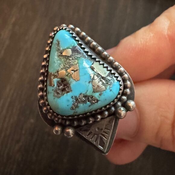 Sleeping Beauty Turquoise Ring w/ Pyrite in 925 Sterling Silver Handmade 7 1/4 - Picture 3 of 14